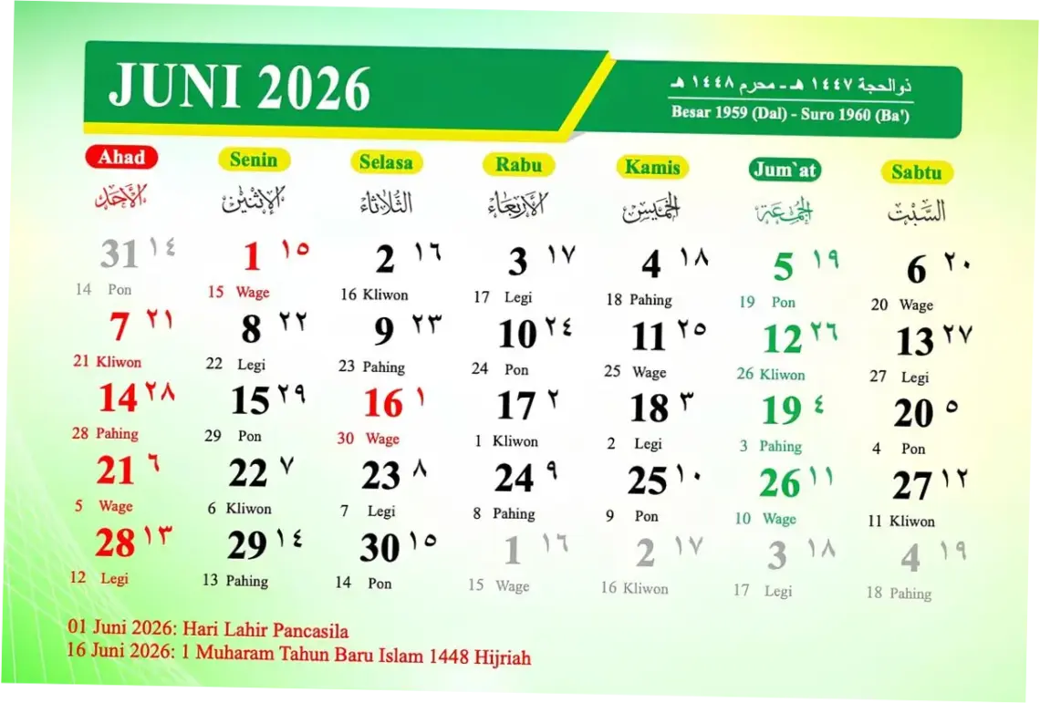 Kalender Juni 2026: Tanggal Merah, Libur Nasional, dan Cuti Bersama