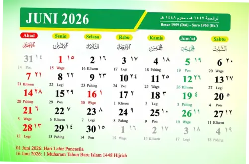 Kalender Juni 2026: Tanggal Merah, Libur Nasional, dan Cuti Bersama